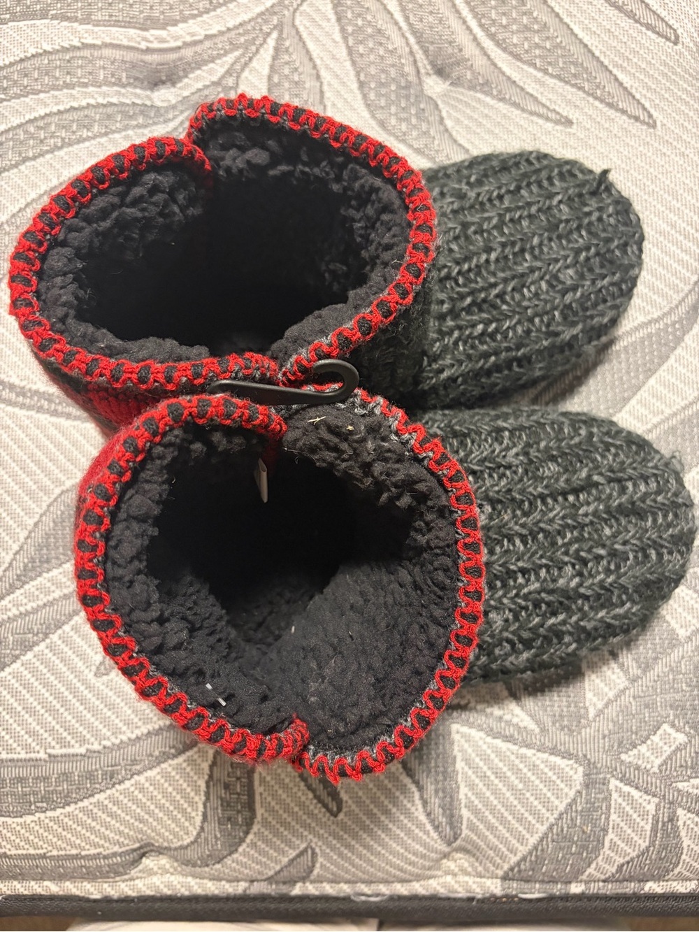 Muk Luks Gray Knit Slippers with Red Trim